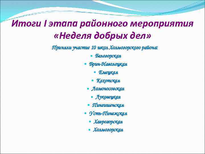 Итоги I этапа районного мероприятия «Неделя добрых дел» Приняли участие 10 школ Холмогорского района: