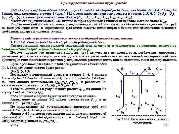 Пример расчета кольцевого трубопровода. Рассмотрим гидравлический расчёт двухкольцевой водопроводной сети, питаемой из водопроводной башни,
