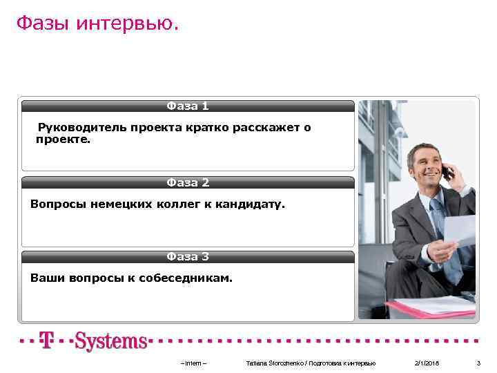 Фазы интервью. Фаза 1 Руководитель проекта кратко расскажет о проекте. Фаза 2 Вопросы немецких