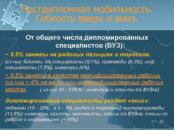 Постдипломная мобильность. Гибкость вверх и вниз. От общего числа дипломированных специалистов (ВУЗ): ~ 5,