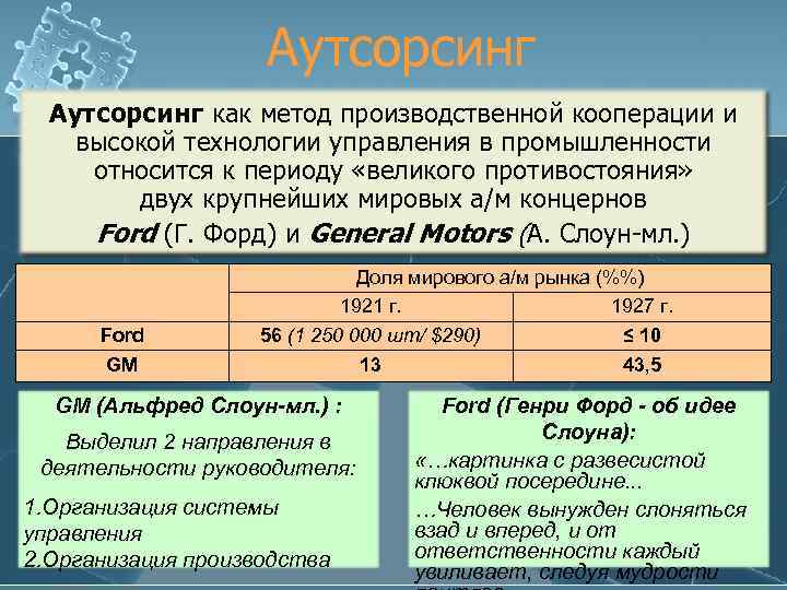 Аутсорсинг как метод производственной кооперации и высокой технологии управления в промышленности относится к периоду