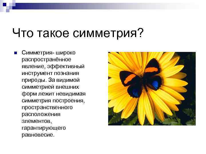 Что такое симметрия? n Симметрия- широко распространённое явление, эффективный инструмент познания природы. За видимой