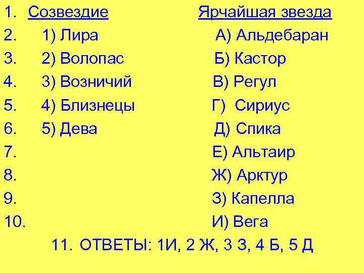 1. Созвездие Ярчайшая звезда 2. 1) Лира А) Альдебаран 3. 2) Волопас Б) Кастор