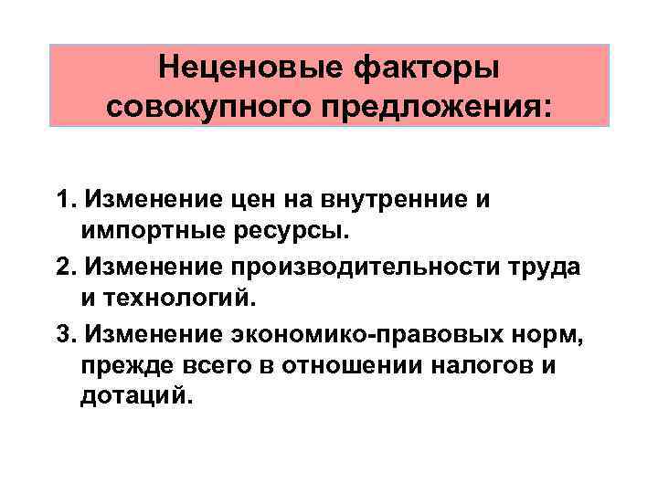 Неценовые факторы совокупного предложения: 1. Изменение цен на внутренние и импортные ресурсы. 2. Изменение