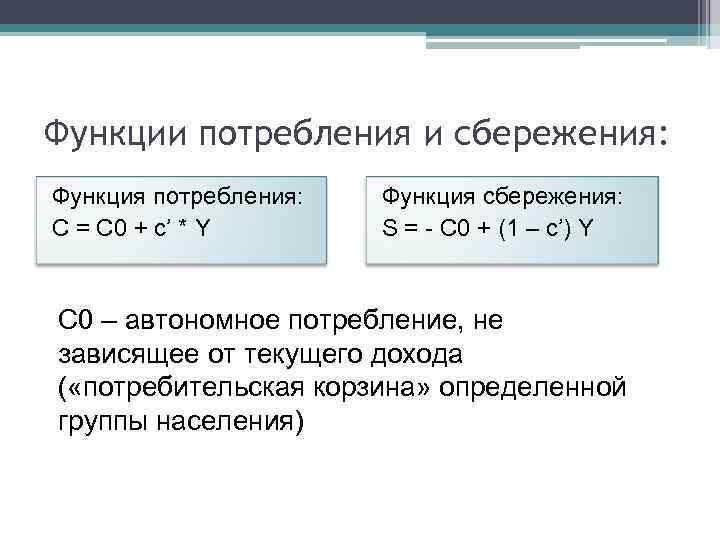 Функции потребления и сбережения: Функция потребления: С = С 0 + с’ * Y