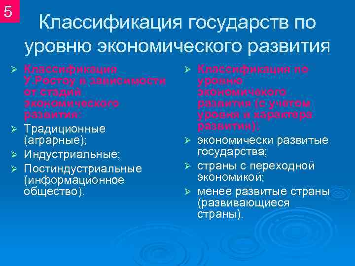 5 Классификация государств по уровню экономического развития Классификация У. Ростоу в зависимости от стадий