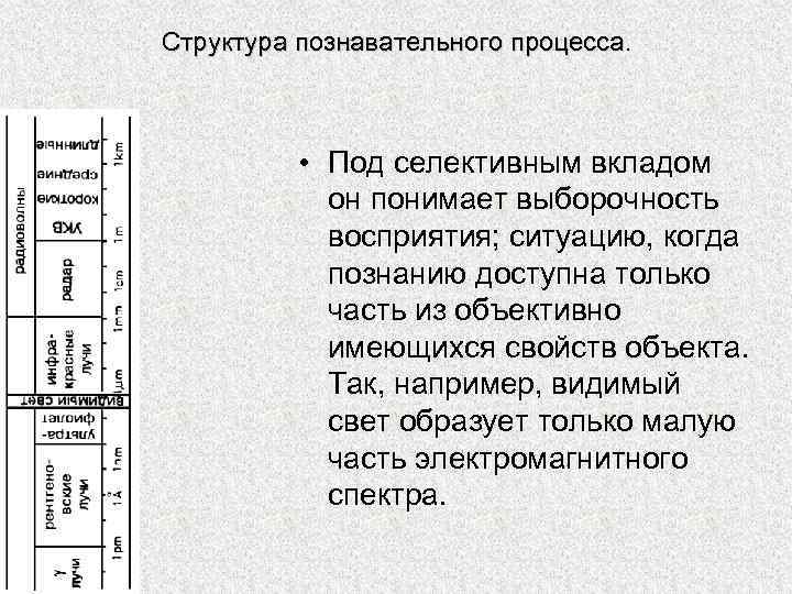 Структура познавательного процесса. • Под селективным вкладом он понимает выборочность восприятия; ситуацию, когда познанию