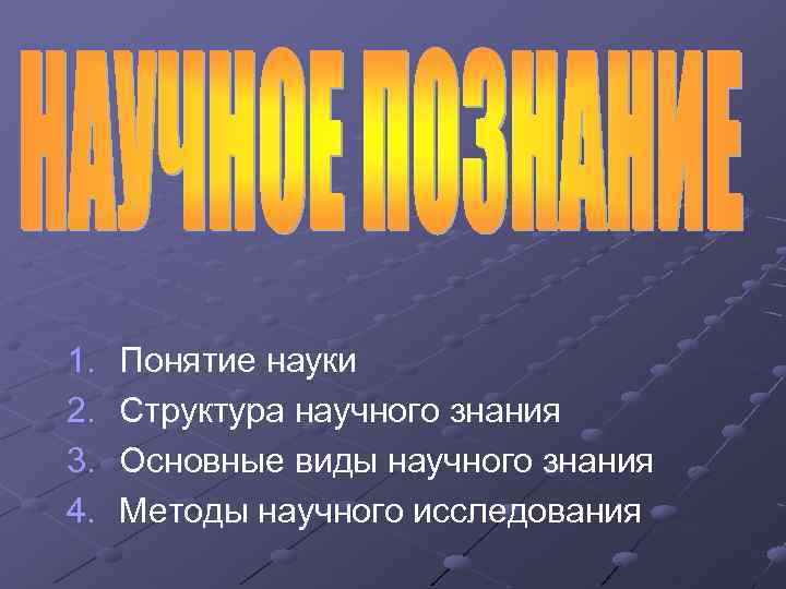 1. 2. 3. 4. Понятие науки Структура научного знания Основные виды научного знания Методы