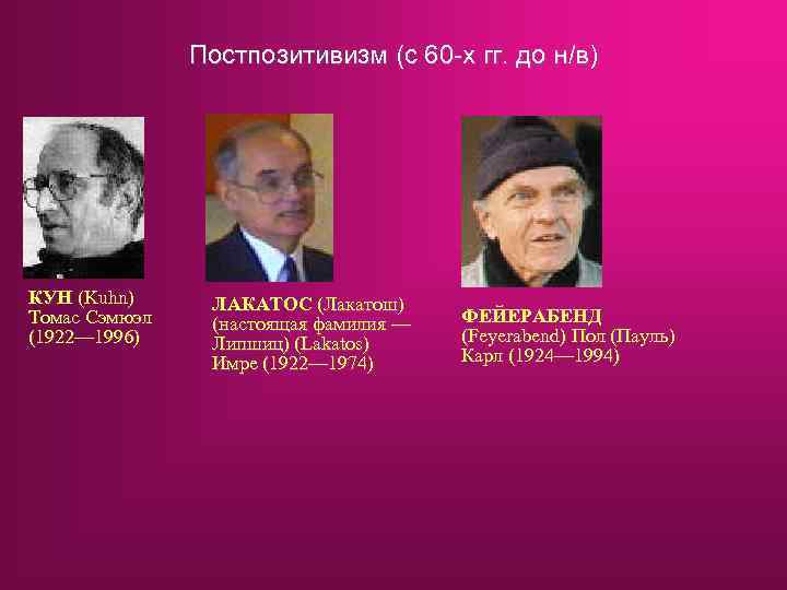 Постпозитивизм (с 60 -х гг. до н/в) КУН (Kuhn) Томас Сэмюэл (1922— 1996) ЛАКАТОС