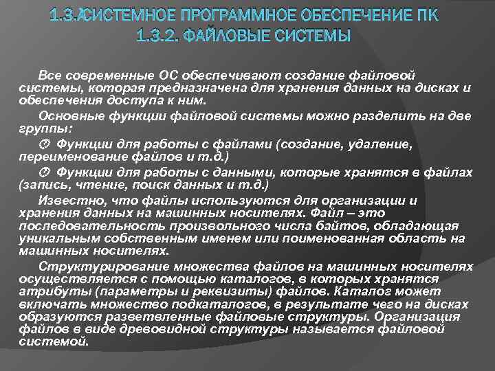 1. 3. СИСТЕМНОЕ ПРОГРАММНОЕ ОБЕСПЕЧЕНИЕ ПК 1. 3. 2. ФАЙЛОВЫЕ СИСТЕМЫ Все современные ОС