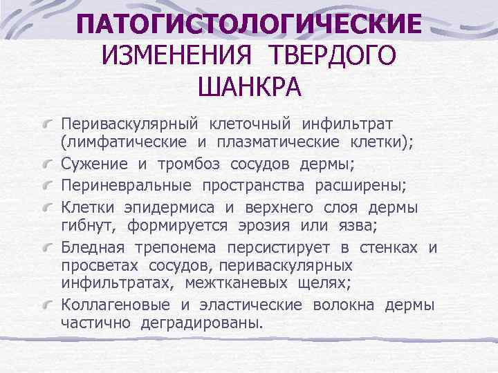 ПАТОГИСТОЛОГИЧЕСКИЕ ИЗМЕНЕНИЯ ТВЕРДОГО ШАНКРА Периваскулярный клеточный инфильтрат (лимфатические и плазматические клетки); Сужение и тромбоз