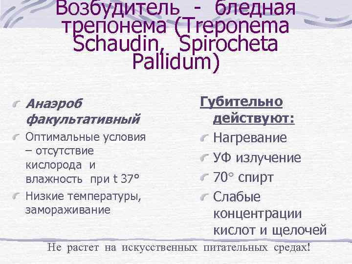 Возбудитель - бледная трепонема (Treponema Schaudin, Spirocheta Pallidum) Анаэроб факультативный Оптимальные условия – отсутствие