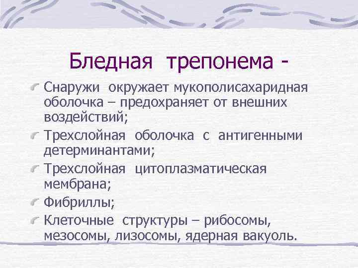 Бледная трепонема Снаружи окружает мукополисахаридная оболочка – предохраняет от внешних воздействий; Трехслойная оболочка с