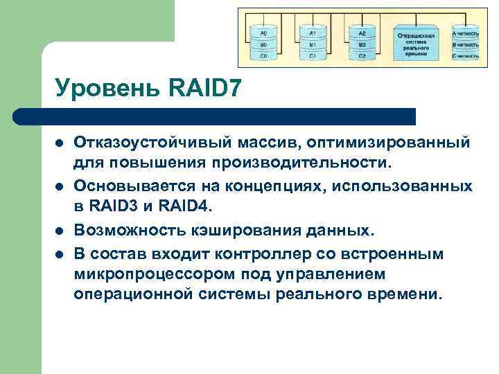 Уровень RAID 7 l l Отказоустойчивый массив, оптимизированный для повышения производительности. Основывается на концепциях,