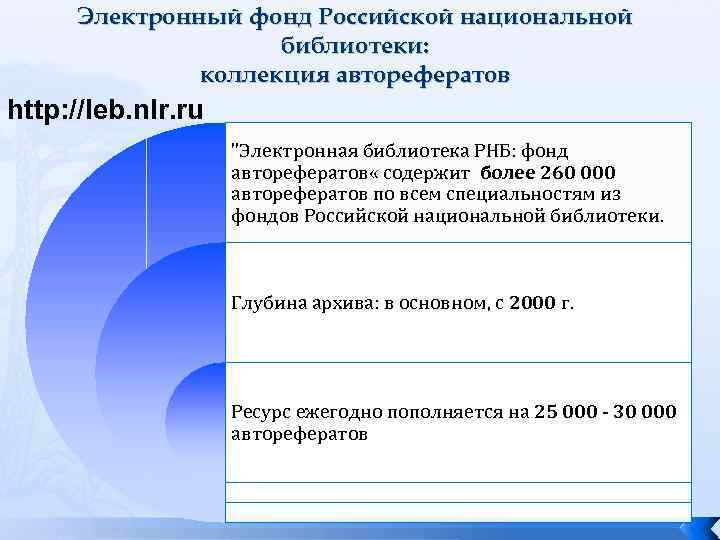 Электронный фонд Российской национальной библиотеки: коллекция авторефератов http: //leb. nlr. ru 