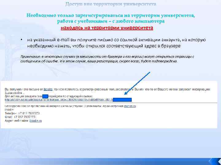 Доступ вне территории университета Необходимо только зарегистрироваться на территории университета, работа с учебниками –
