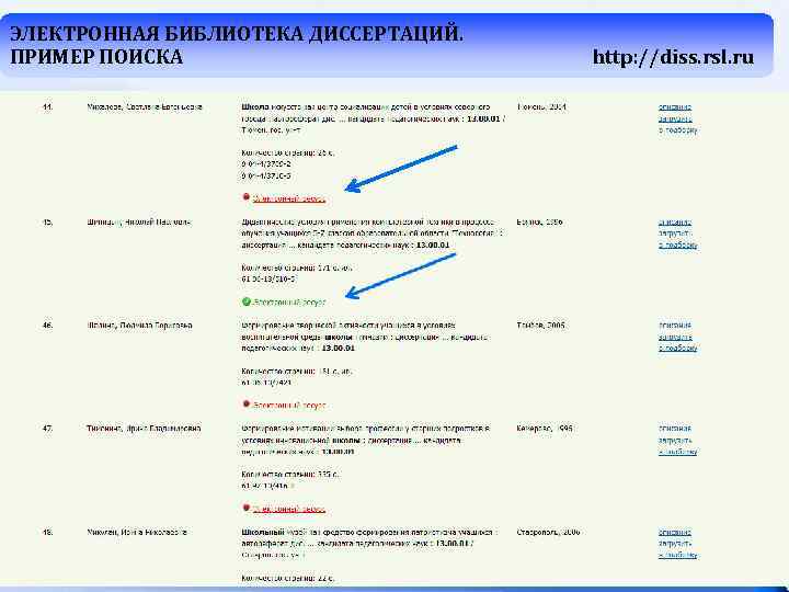 ЭЛЕКТРОННАЯ БИБЛИОТЕКА ДИССЕРТАЦИЙ. ПРИМЕР ПОИСКА http: //diss. rsl. ru 