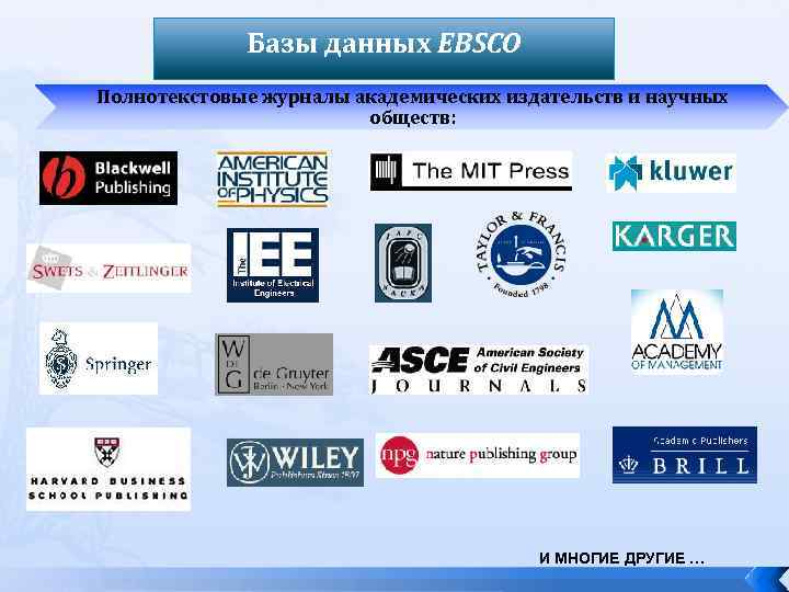 Базы данных EBSCO Полнотекстовые журналы академических издательств и научных обществ: И МНОГИЕ ДРУГИЕ …