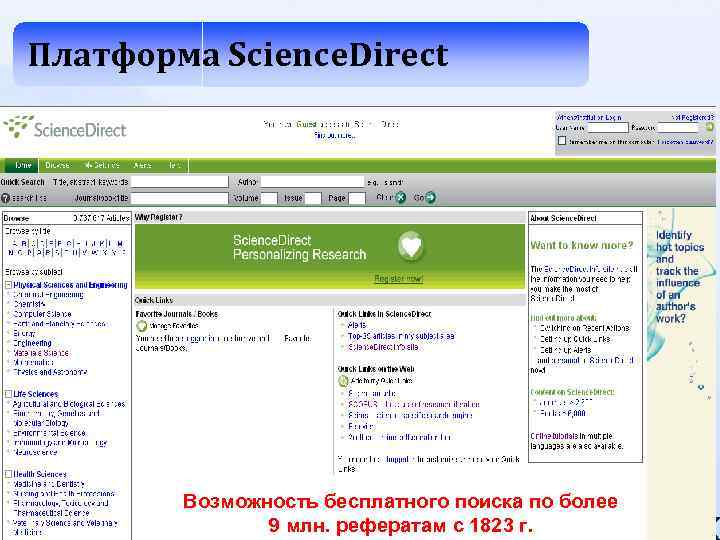 Платформа Science. Direct Возможность бесплатного поиска по более 9 млн. рефератам с 1823 г.