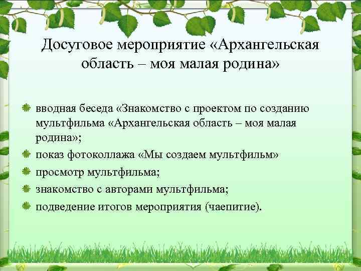 Досуговое мероприятие «Архангельская область – моя малая родина» вводная беседа «Знакомство с проектом по