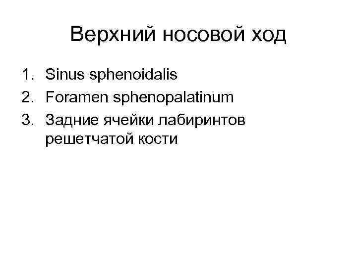 Верхний носовой ход 1. Sinus sphenoidalis 2. Foramen sphenopalatinum 3. Задние ячейки лабиринтов решетчатой