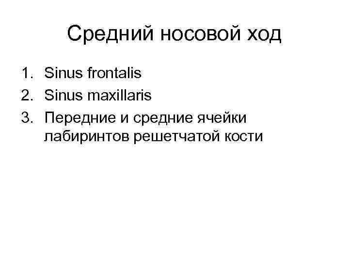 Средний носовой ход 1. Sinus frontalis 2. Sinus maxillaris 3. Передние и средние ячейки