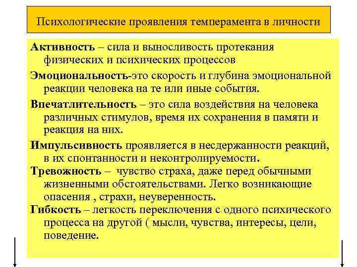 Психологические проявления темперамента в личности Активность – сила и выносливость протекания физических и психических