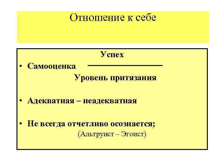 Отношение к себе Успех • Самооценка Уровень притязания • Адекватная – неадекватная • Не