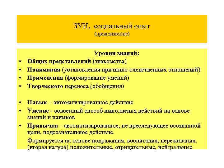 ЗУН, социальный опыт (продолжение) • • Уровни знаний: Общих представлений (знакомства) Понимания (установления причинно-следственных