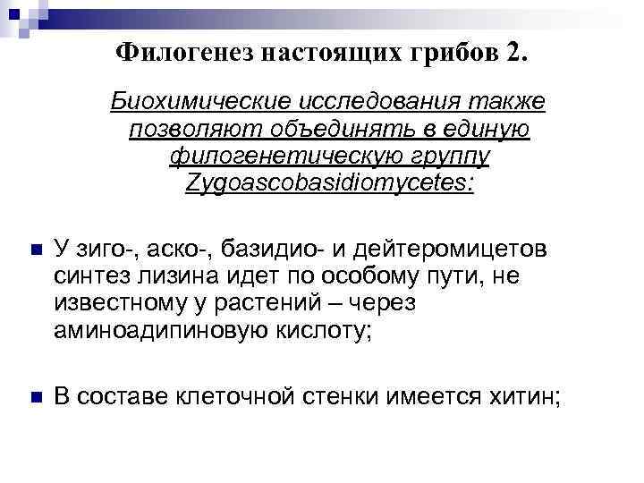 Филогенез настоящих грибов 2. Биохимические исследования также позволяют объединять в единую филогенетическую группу Zygoascobasidiomycetes: