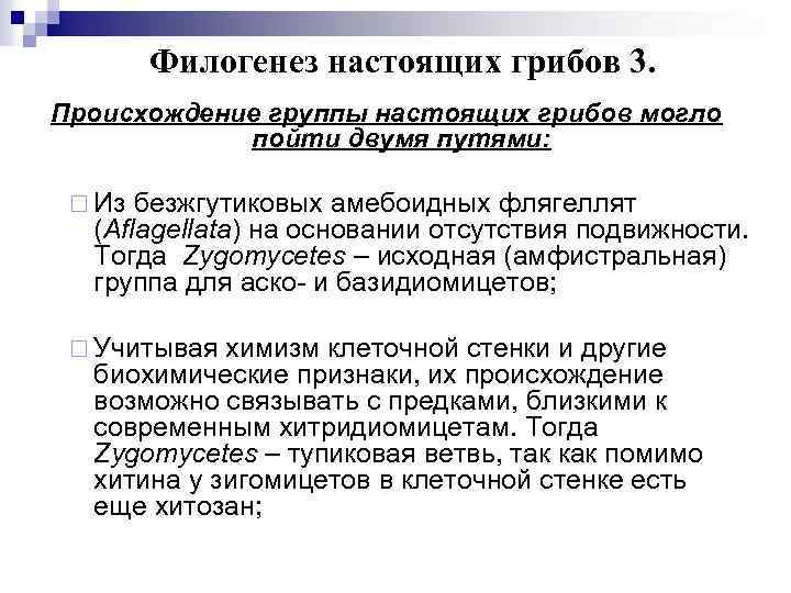 Филогенез настоящих грибов 3. Происхождение группы настоящих грибов могло пойти двумя путями: ¨ Из