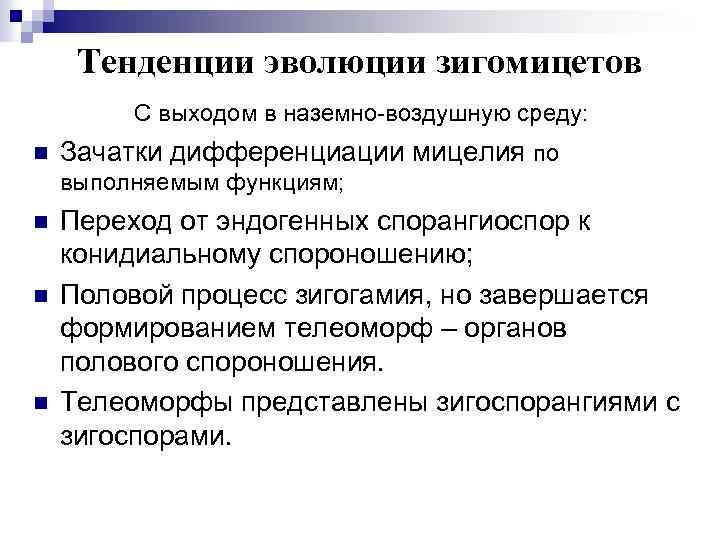 Тенденции эволюции зигомицетов С выходом в наземно-воздушную среду: n Зачатки дифференциации мицелия по выполняемым