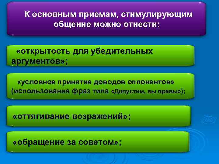 К основным приемам, стимулирующим общение можно отнести: «открытость для убедительных аргументов» ; «условное принятие