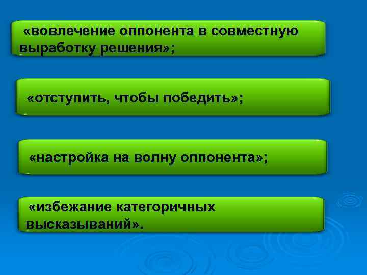  «вовлечение оппонента в совместную выработку решения» ; «отступить, чтобы победить» ; «настройка на