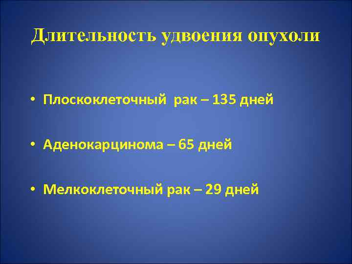 Длительность удвоения опухоли • Плоскоклеточный рак – 135 дней • Аденокарцинома – 65 дней