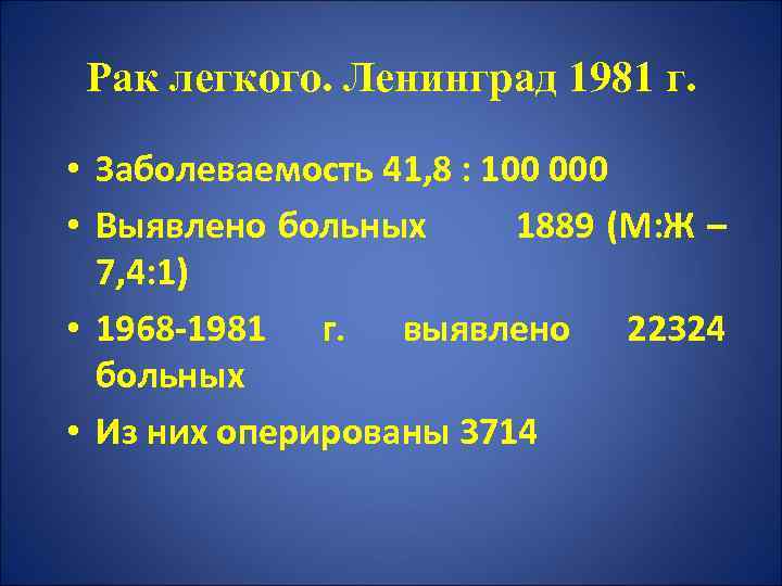 Рак легкого. Ленинград 1981 г. • Заболеваемость 41, 8 : 100 000 • Выявлено