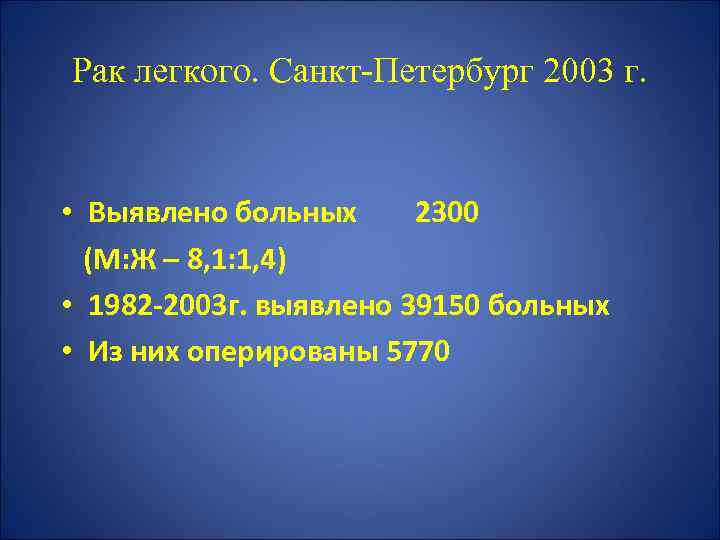 Рак легкого. Санкт-Петербург 2003 г. • Выявлено больных 2300 (М: Ж – 8, 1:
