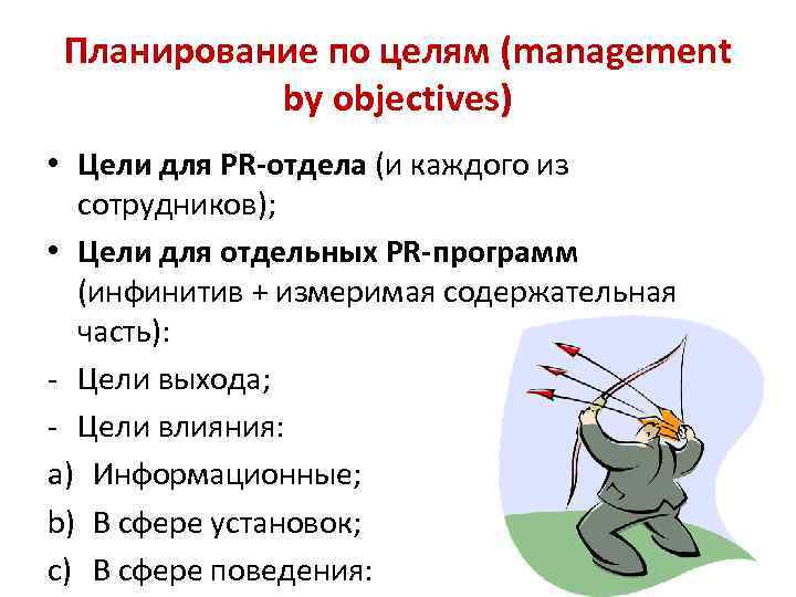 Планирование по целям (management by objectives) • Цели для PR-отдела (и каждого из сотрудников);