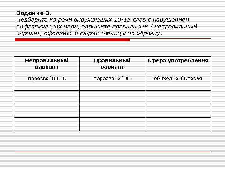 Задание 3. Подберите из речи окружающих 10 -15 слов с нарушением орфоэпических норм, запишите