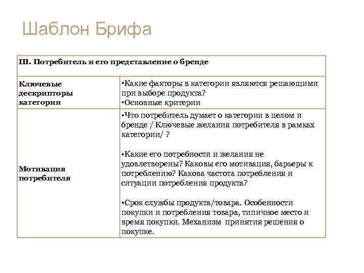 Шаблон Брифа III. Потребитель и его представление о бренде Ключевые дескрипторы категории • Какие
