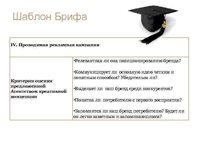 Шаблон Брифа IV. Проводимая рекламная кампания • Релевантная ли она позиционированию бренда? Критерии оценки