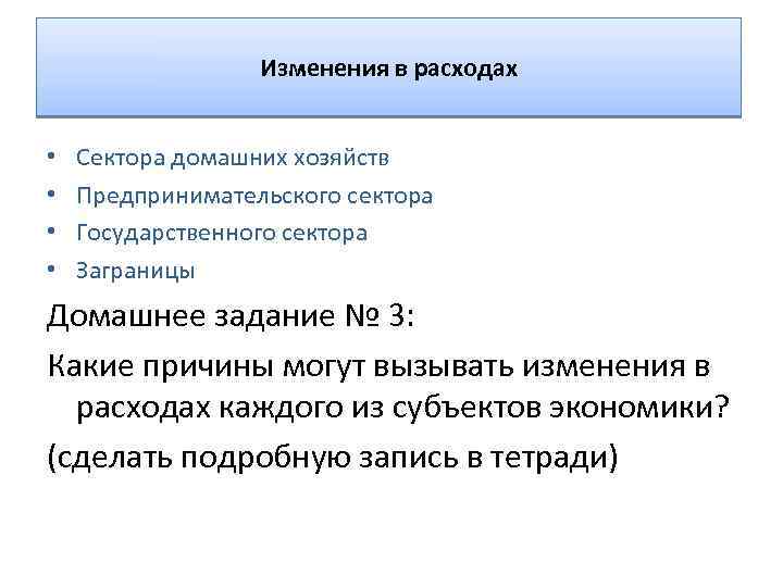 Изменения в расходах • • Сектора домашних хозяйств Предпринимательского сектора Государственного сектора Заграницы Домашнее