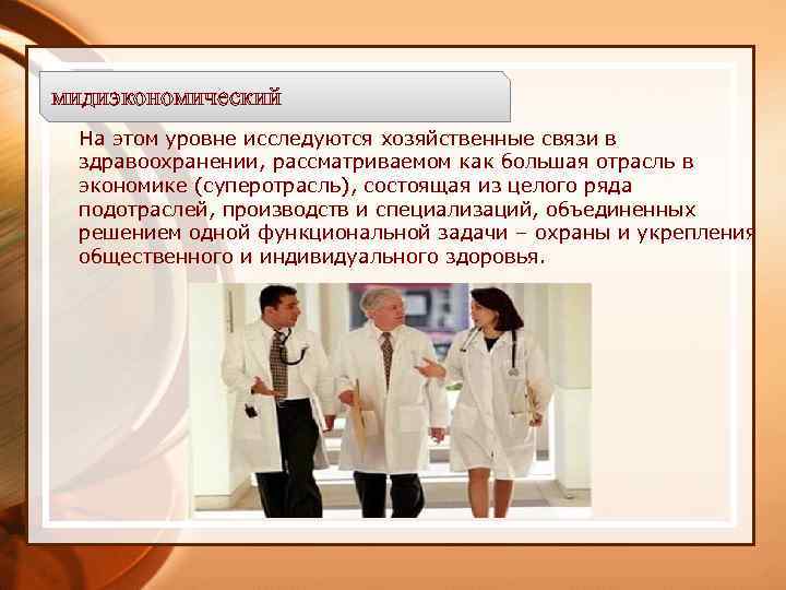 мидиэкономический На этом уровне исследуются хозяйственные связи в здравоохранении, рассматриваемом как большая отрасль в