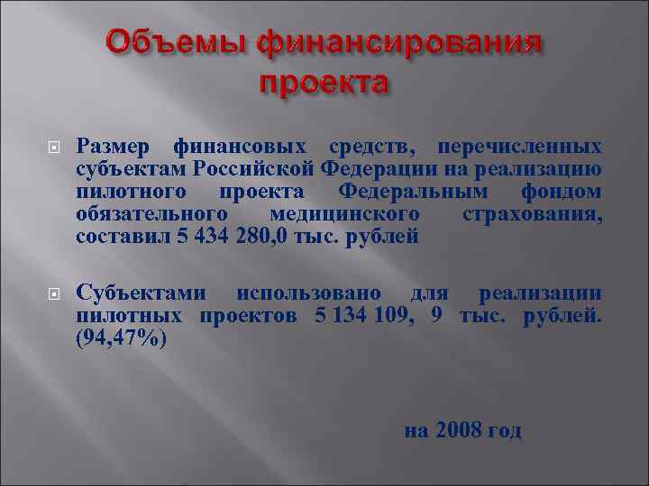  Размер финансовых средств, перечисленных субъектам Российской Федерации на реализацию пилотного проекта Федеральным фондом