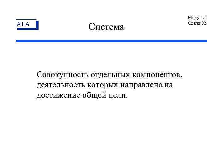AIHA Система Совокупность отдельных компонентов, деятельность которых направлена на достижение общей цели. Модуль 1