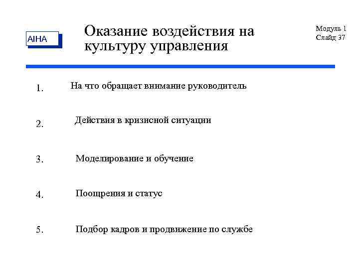 AIHA 1. Оказание воздействия на культуру управления На что обращает внимание руководитель 2. Действия