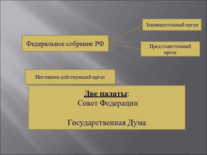 Законодательный орган Федеральное собрание РФ Постоянно действующий орган Две палаты: Совет Федерации Государственная Дума