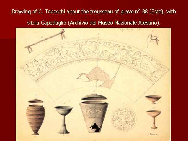 Drawing of C. Tedeschi about the trousseau of grave n° 38 (Este), with situla