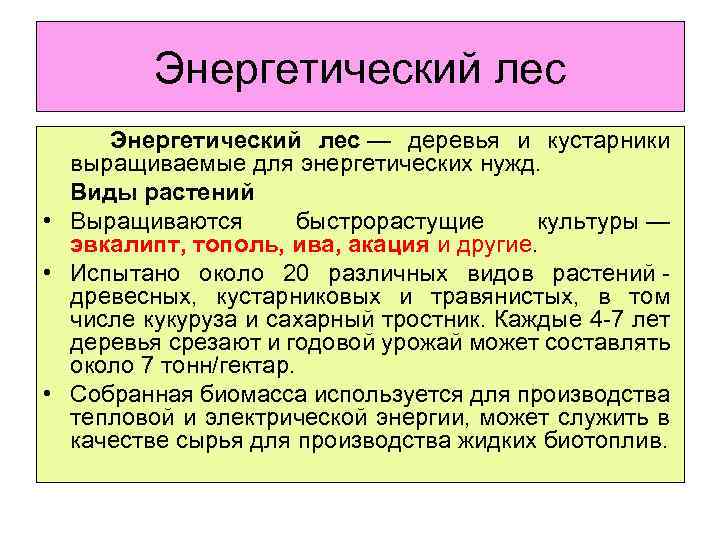 Энергетический лес Энергетический лес — деревья и кустарники выращиваемые для энергетических нужд. Виды растений
