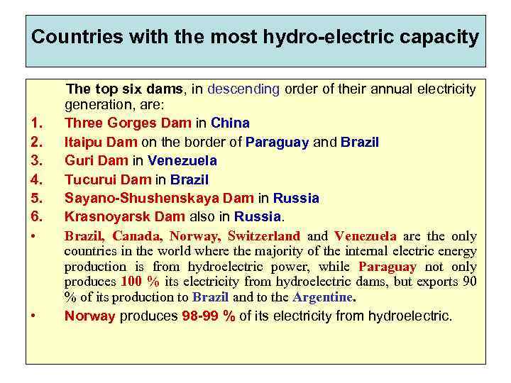 Countries with the most hydro-electric capacity The top six dams, in descending order of